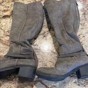 Women's Gray Suede Mid-Calf Boots with Studded Strap